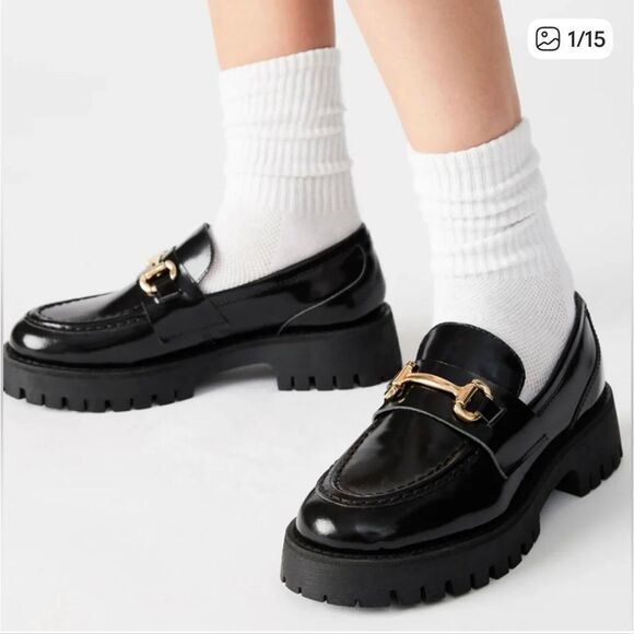 Steve Madden Lando Black Faux Patent Leather Lug Sole Loafers sz 11 - Picture 1 of 7